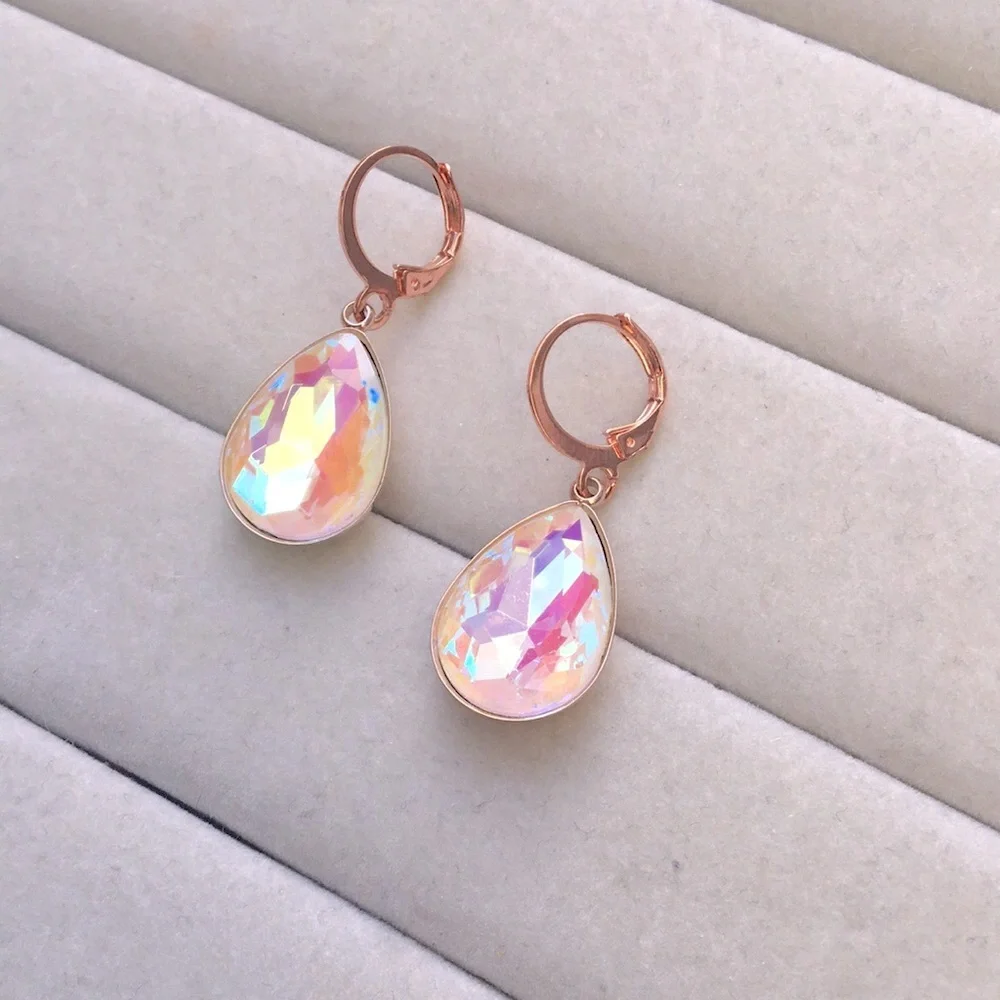 White Aurora Borealis + Rose Gold Crystal Pear Drop Earrings